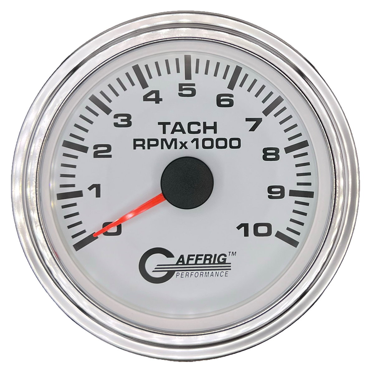 GAFFRIG 3 3/8 INCH TACHOMETER GAUGE 6000, 8000 & 10000 RPM WHITE 10000 / STEP RIM (008) / CHROME/POLISHED