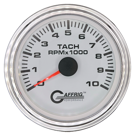 GAFFRIG 3 3/8 INCH TACHOMETER GAUGE 6000, 8000 & 10000 RPM WHITE 10000 / STEP RIM (008) / CHROME/POLISHED