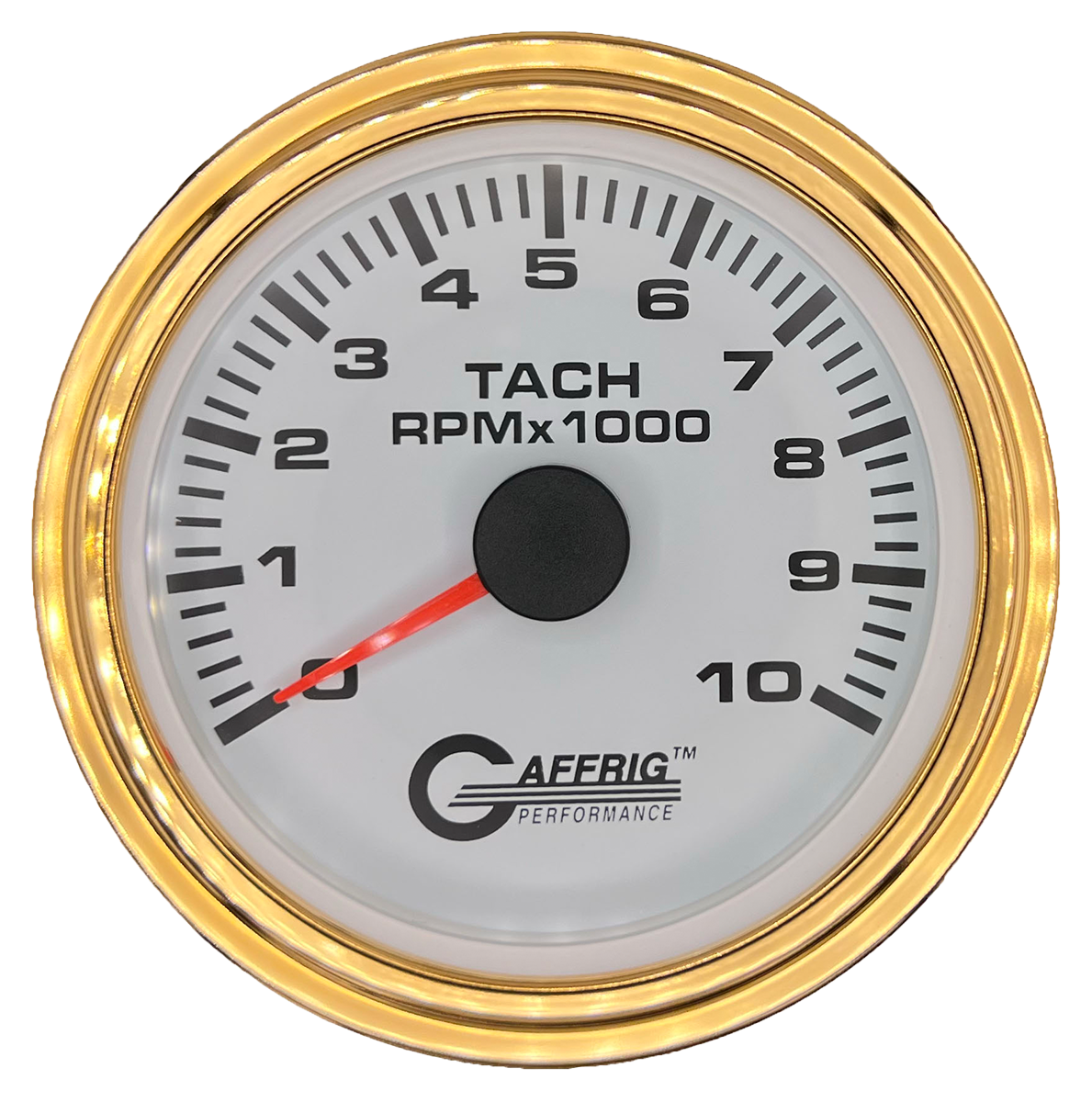 GAFFRIG 3 3/8 INCH TACHOMETER GAUGE 6000, 8000 & 10000 RPM WHITE 10000 / STEP RIM (008) / GOLD