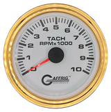 GAFFRIG 3 3/8 INCH TACHOMETER GAUGE 6000, 8000 & 10000 RPM WHITE 10000 / STEP RIM (008) / GOLD