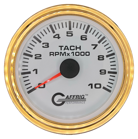 GAFFRIG 3 3/8 INCH TACHOMETER GAUGE 6000, 8000 & 10000 RPM WHITE 10000 / STEP RIM (008) / GOLD