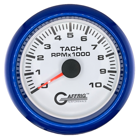 GAFFRIG 3 3/8 INCH TACHOMETER GAUGE 6000, 8000 & 10000 RPM WHITE 10000 / FAT RIM (338) / BLUE