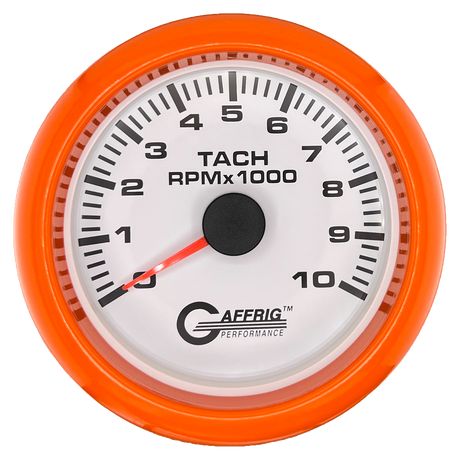 GAFFRIG 3 3/8 INCH TACHOMETER GAUGE 6000, 8000 & 10000 RPM WHITE 10000 / FAT RIM (338) / ORANGE