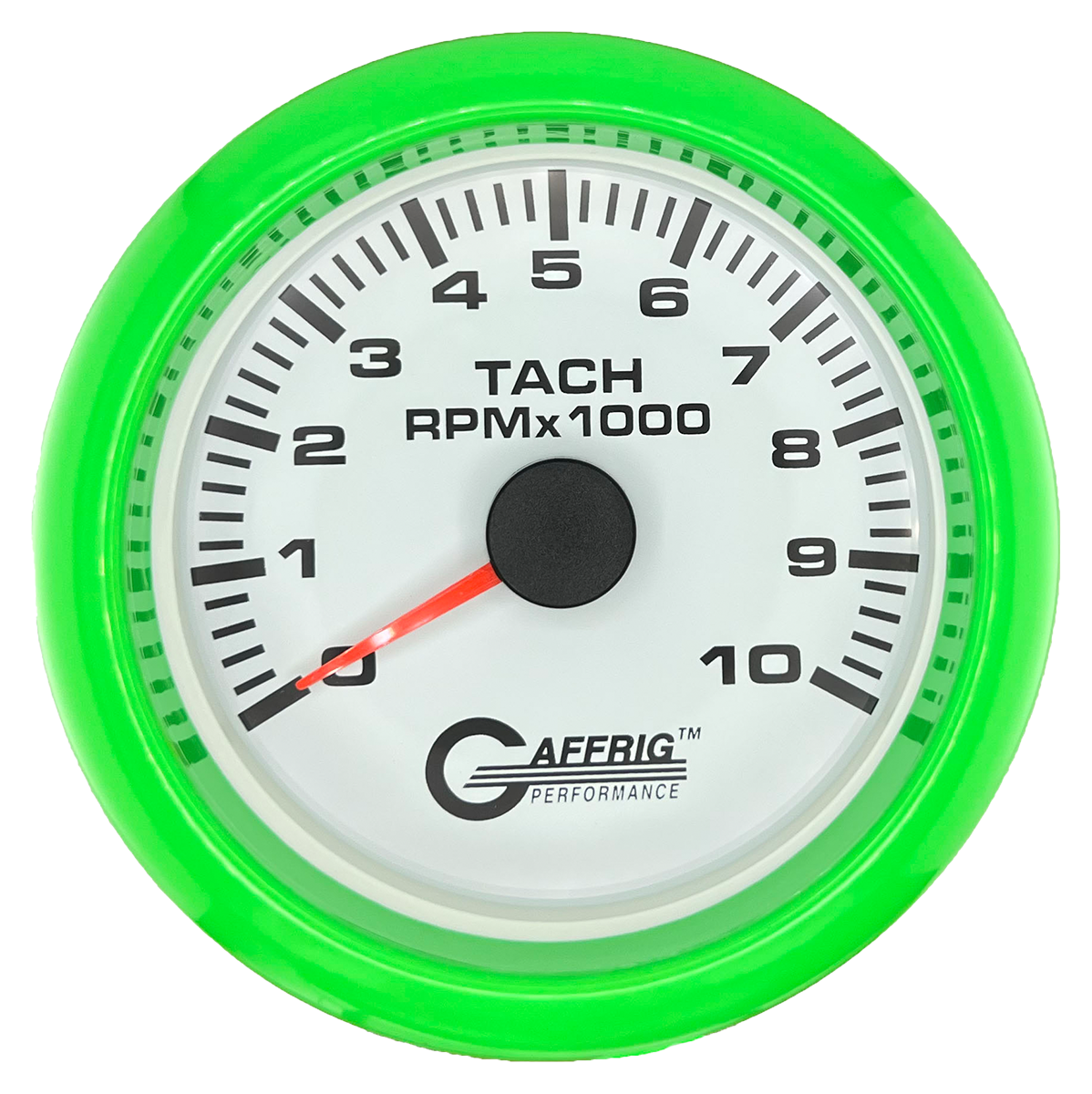 GAFFRIG 3 3/8 INCH TACHOMETER GAUGE 6000, 8000 & 10000 RPM WHITE 10000 / FAT RIM (338) / LIME GREEN