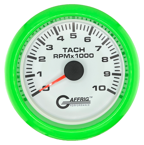 GAFFRIG 3 3/8 INCH TACHOMETER GAUGE 6000, 8000 & 10000 RPM WHITE 10000 / FAT RIM (338) / LIME GREEN