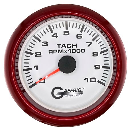 GAFFRIG 3 3/8 INCH TACHOMETER GAUGE 6000, 8000 & 10000 RPM WHITE 10000 / FAT RIM (338) / RED