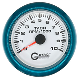 GAFFRIG 3 3/8 INCH TACHOMETER GAUGE 6000, 8000 & 10000 RPM WHITE 10000 / FAT RIM (338) / TEAL