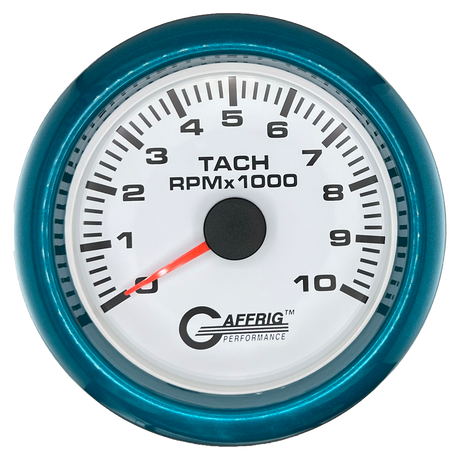 GAFFRIG 3 3/8 INCH TACHOMETER GAUGE 6000, 8000 & 10000 RPM WHITE 10000 / FAT RIM (338) / TEAL