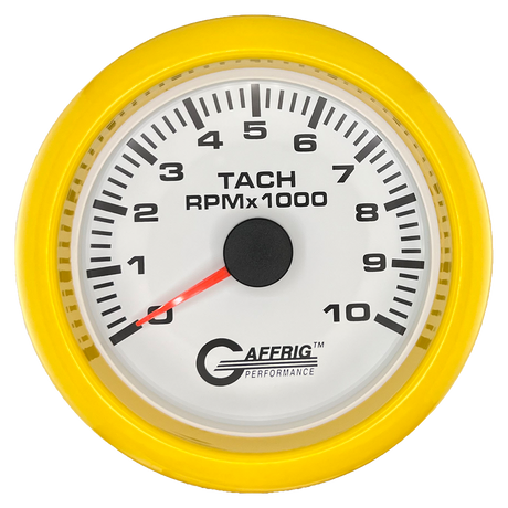 GAFFRIG 3 3/8 INCH TACHOMETER GAUGE 6000, 8000 & 10000 RPM WHITE 10000 / FAT RIM (338) / YELLOW