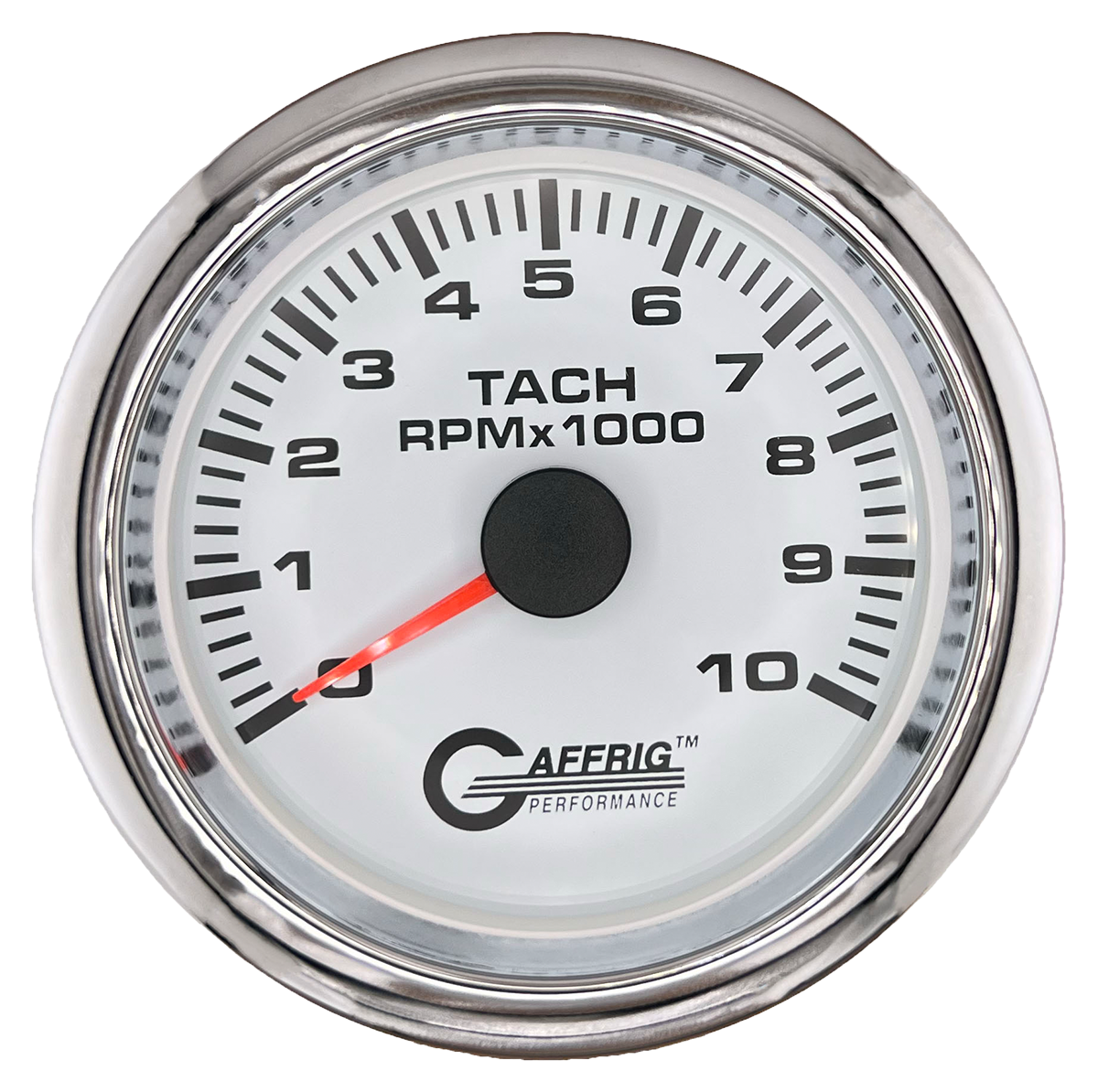 GAFFRIG 3 3/8 INCH TACHOMETER GAUGE 6000, 8000 & 10000 RPM WHITE 10000 / FAT RIM (338) / CHROME/POLISHED