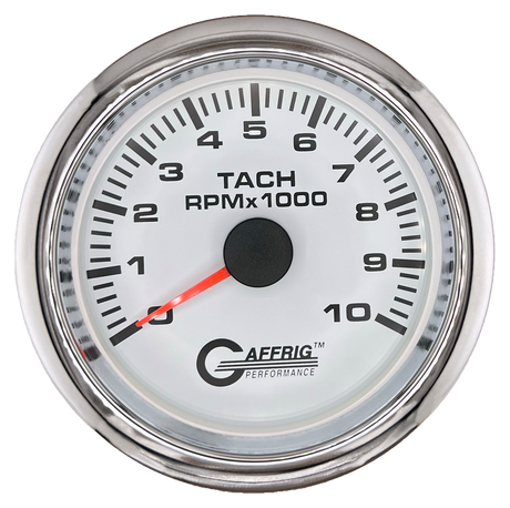 GAFFRIG 3 3/8 INCH TACHOMETER GAUGE 6000, 8000 & 10000 RPM WHITE 10000 / FAT RIM (338) / CHROME/POLISHED