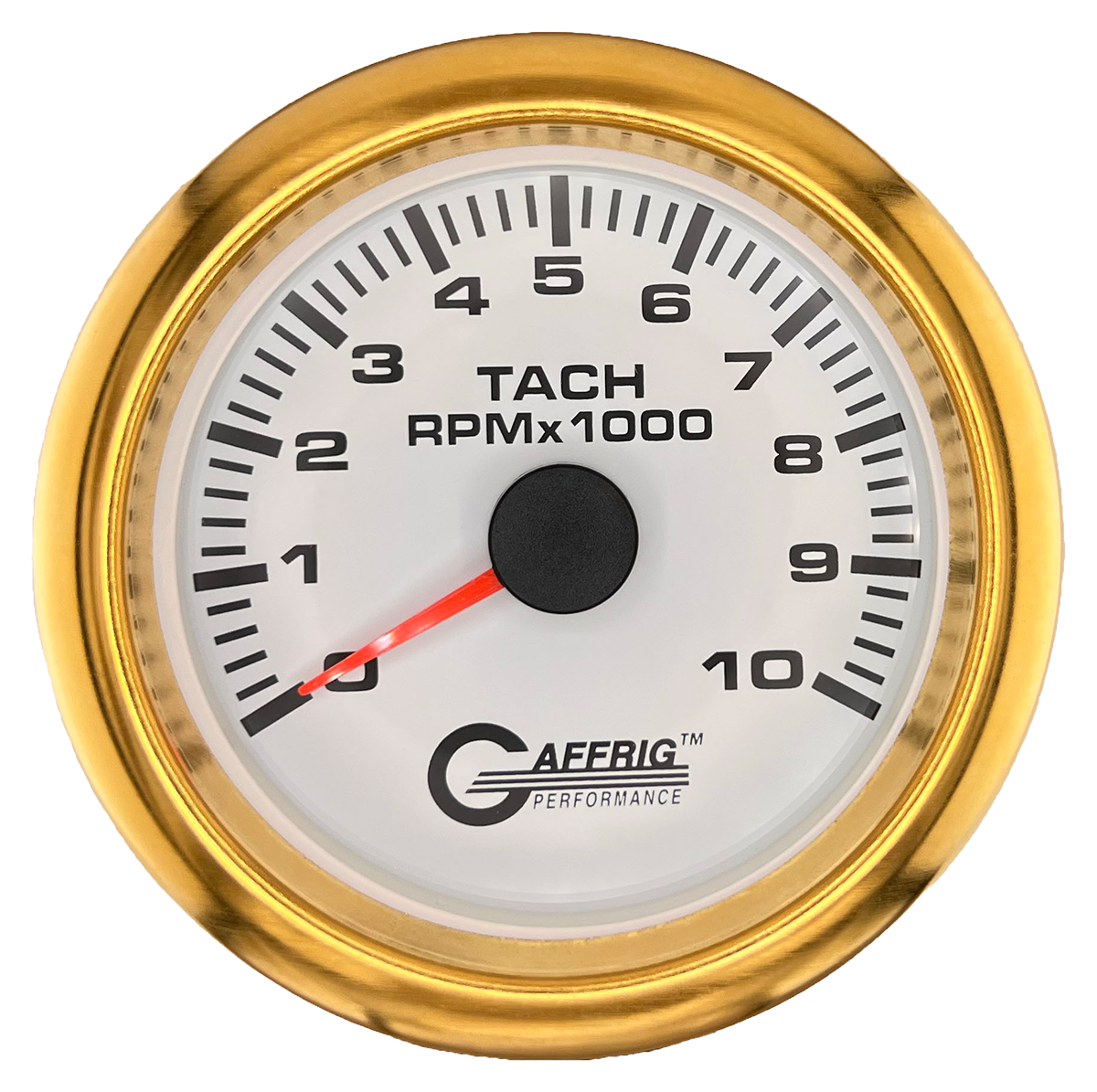 GAFFRIG 3 3/8 INCH TACHOMETER GAUGE 6000, 8000 & 10000 RPM WHITE 10000 / FAT RIM (338) / GOLD