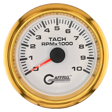 GAFFRIG 3 3/8 INCH TACHOMETER GAUGE 6000, 8000 & 10000 RPM WHITE 10000 / FAT RIM (338) / GOLD