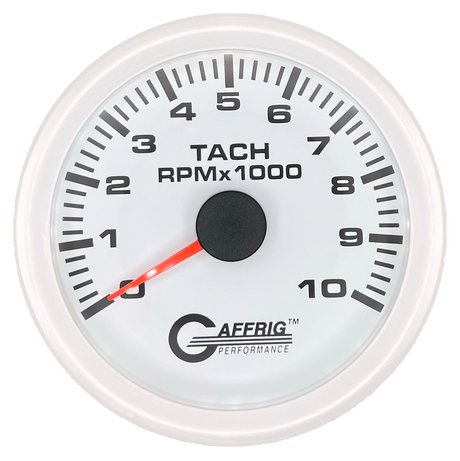 GAFFRIG 3 3/8 INCH TACHOMETER GAUGE 6000, 8000 & 10000 RPM WHITE 10000 / STEP RIM (008) / WHITE