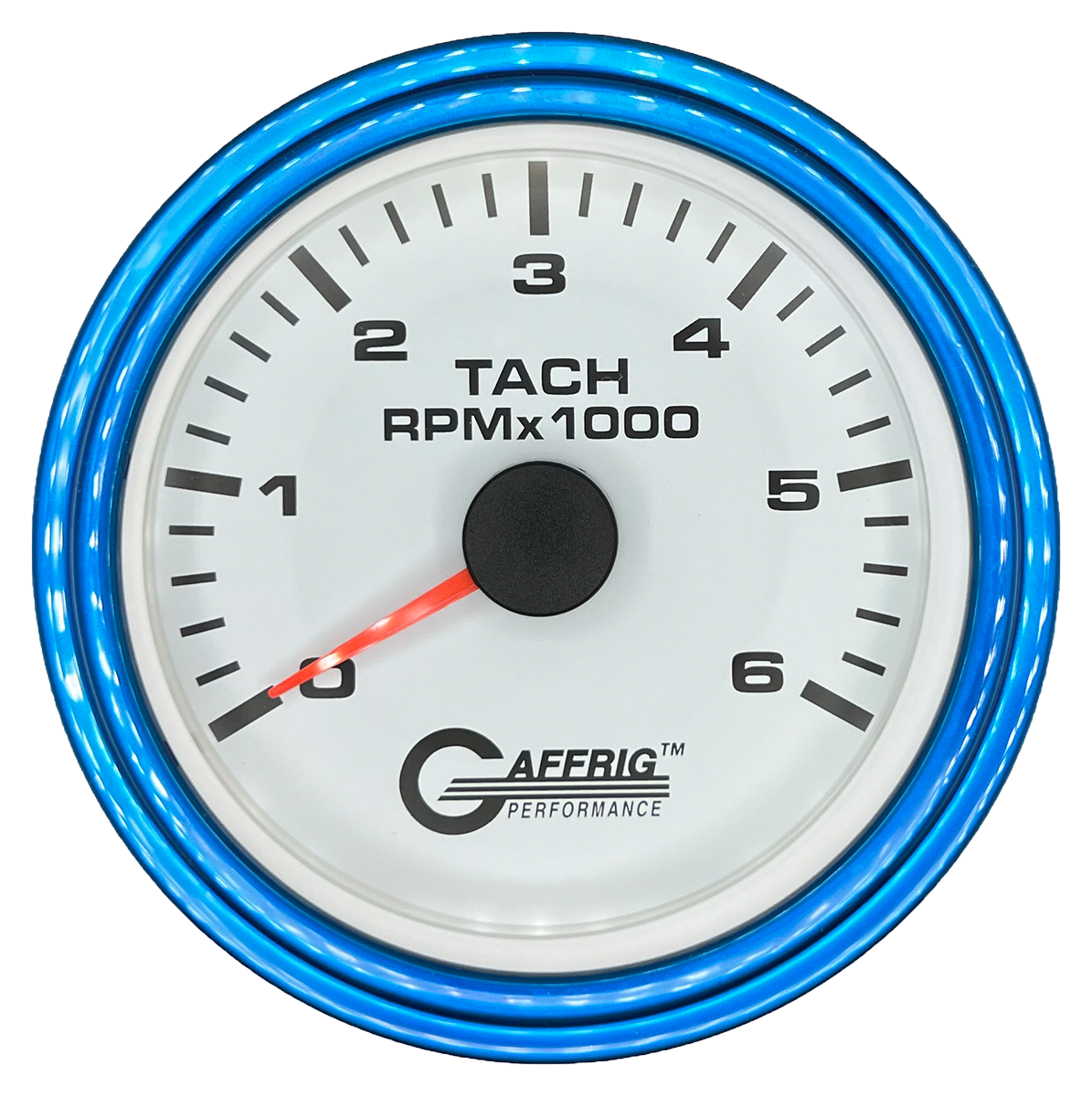 GAFFRIG 3 3/8 INCH TACHOMETER GAUGE 6000, 8000 & 10000 RPM WHITE 6000 / STEP RIM (008) / BLUE