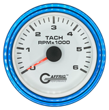 GAFFRIG 3 3/8 INCH TACHOMETER GAUGE 6000, 8000 & 10000 RPM WHITE 6000 / STEP RIM (008) / BLUE