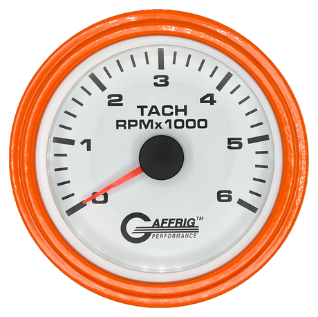 GAFFRIG 3 3/8 INCH TACHOMETER GAUGE 6000, 8000 & 10000 RPM WHITE 6000 / STEP RIM (008) / ORANGE