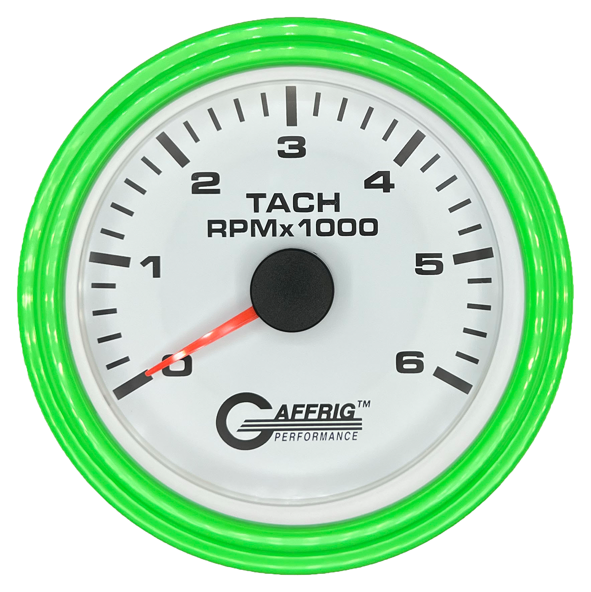 GAFFRIG 3 3/8 INCH TACHOMETER GAUGE 6000, 8000 & 10000 RPM WHITE 6000 / STEP RIM (008) / LIME GREEN