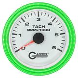 GAFFRIG 3 3/8 INCH TACHOMETER GAUGE 6000, 8000 & 10000 RPM WHITE 6000 / STEP RIM (008) / LIME GREEN