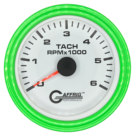 GAFFRIG 3 3/8 INCH TACHOMETER GAUGE 6000, 8000 & 10000 RPM WHITE 6000 / STEP RIM (008) / LIME GREEN