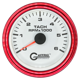 GAFFRIG 3 3/8 INCH TACHOMETER GAUGE 6000, 8000 & 10000 RPM WHITE 6000 / STEP RIM (008) / RED