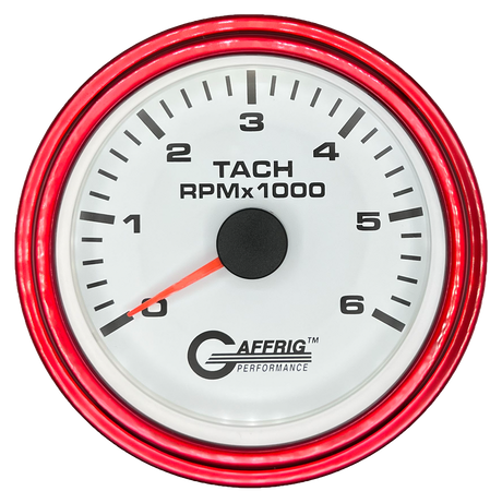 GAFFRIG 3 3/8 INCH TACHOMETER GAUGE 6000, 8000 & 10000 RPM WHITE 6000 / STEP RIM (008) / RED