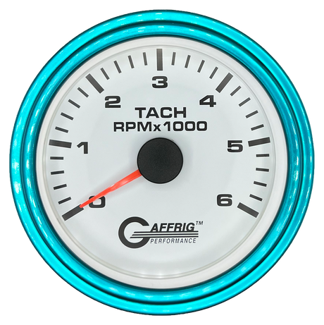 GAFFRIG 3 3/8 INCH TACHOMETER GAUGE 6000, 8000 & 10000 RPM WHITE 6000 / STEP RIM (008) / TEAL