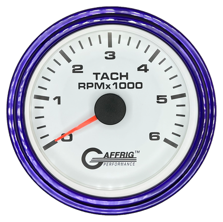 GAFFRIG 3 3/8 INCH TACHOMETER GAUGE 6000, 8000 & 10000 RPM WHITE 6000 / STEP RIM (008) / PURPLE