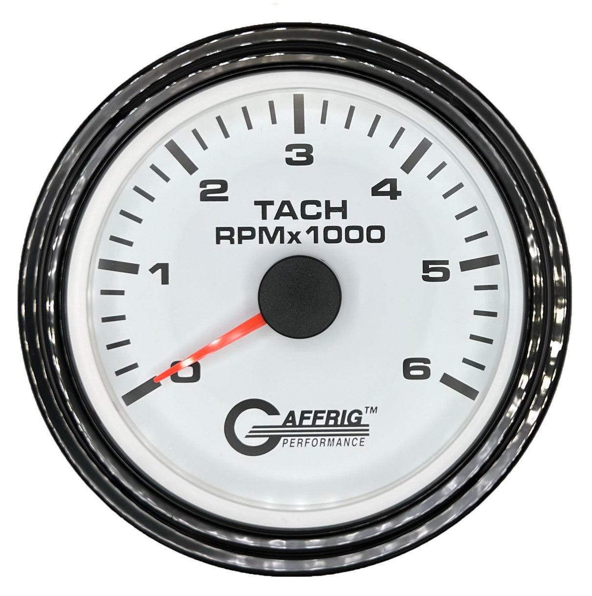 GAFFRIG 3 3/8 INCH TACHOMETER GAUGE 6000, 8000 & 10000 RPM WHITE 6000 / STEP RIM (008) / BLACK