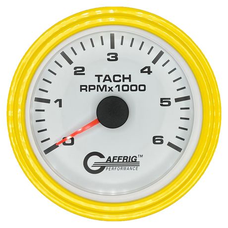 GAFFRIG 3 3/8 INCH TACHOMETER GAUGE 6000, 8000 & 10000 RPM WHITE 6000 / STEP RIM (008) / YELLOW