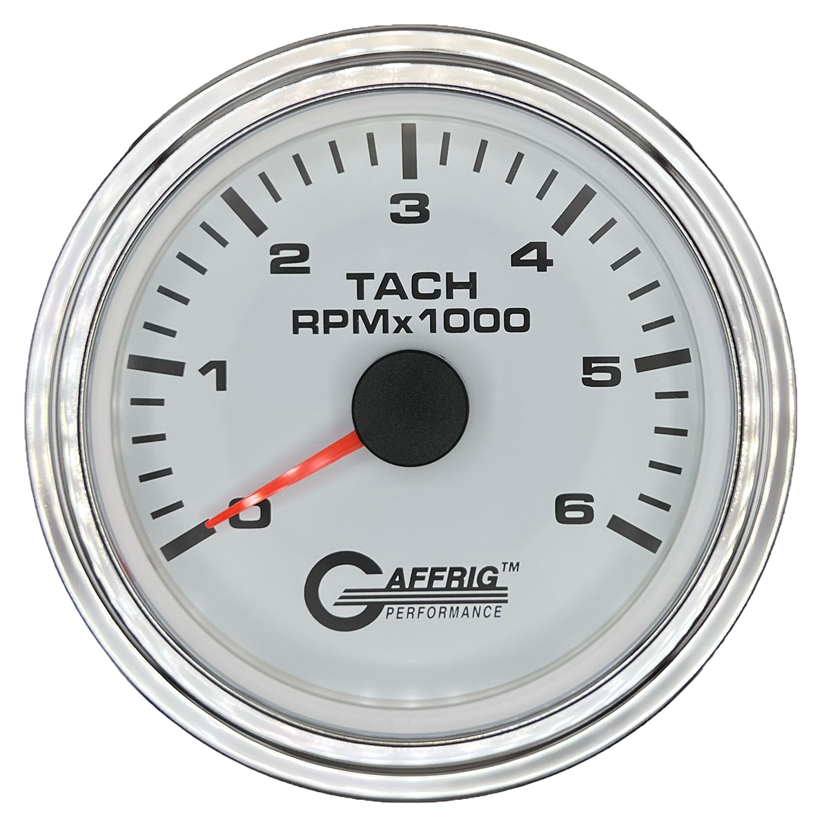 GAFFRIG 3 3/8 INCH TACHOMETER GAUGE 6000, 8000 & 10000 RPM WHITE 6000 / STEP RIM (008) / CHROME/POLISHED