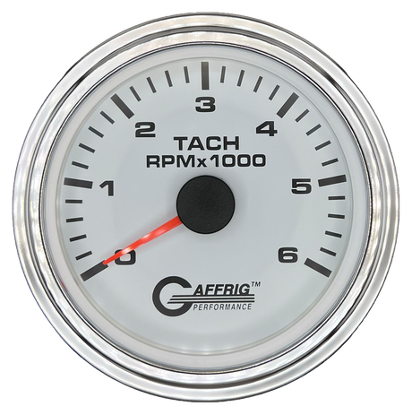 GAFFRIG 3 3/8 INCH TACHOMETER GAUGE 6000, 8000 & 10000 RPM WHITE 6000 / STEP RIM (008) / CHROME/POLISHED