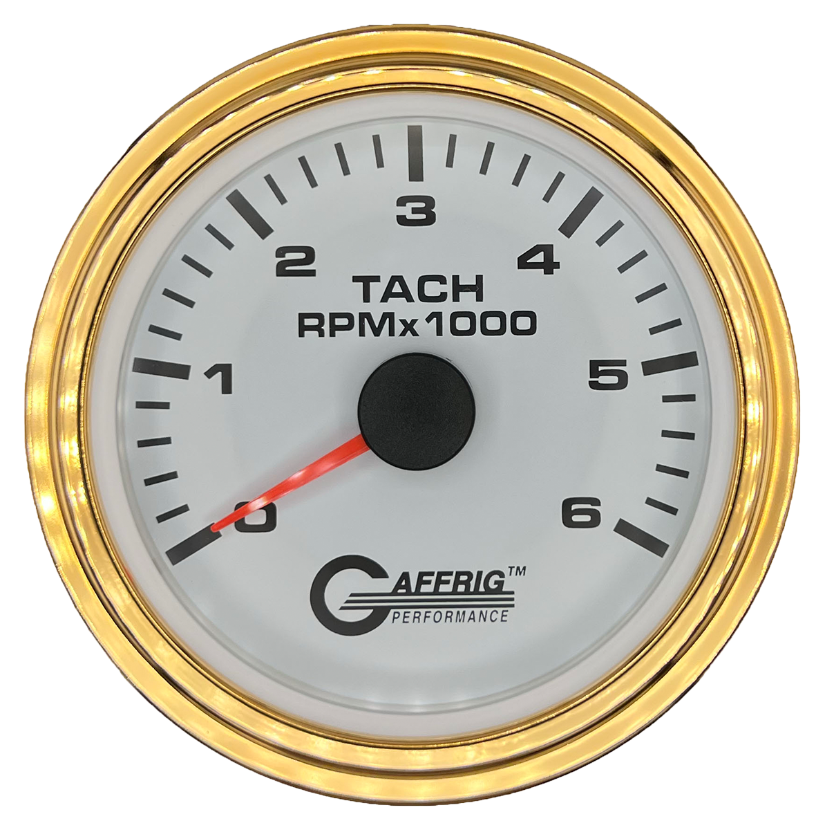 GAFFRIG 3 3/8 INCH TACHOMETER GAUGE 6000, 8000 & 10000 RPM WHITE 6000 / STEP RIM (008) / GOLD