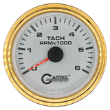 GAFFRIG 3 3/8 INCH TACHOMETER GAUGE 6000, 8000 & 10000 RPM WHITE 6000 / STEP RIM (008) / GOLD