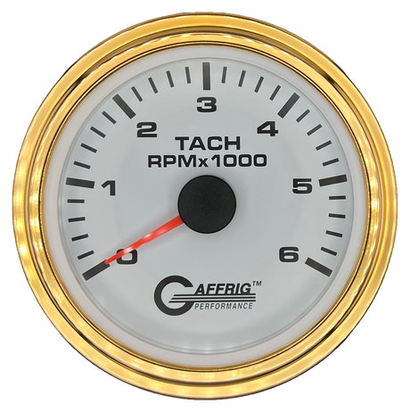 GAFFRIG 3 3/8 INCH TACHOMETER GAUGE 6000, 8000 & 10000 RPM WHITE 6000 / STEP RIM (008) / GOLD