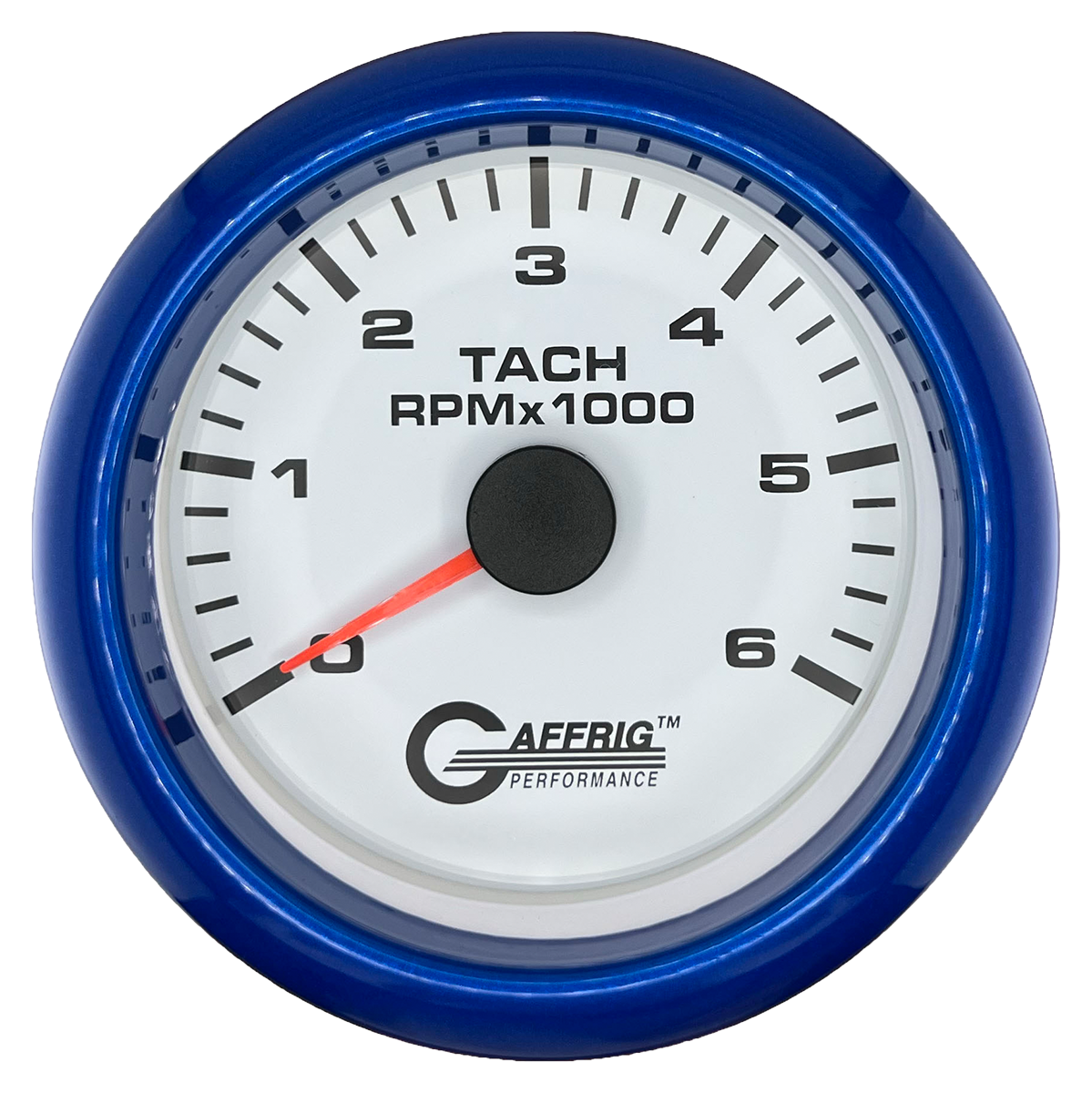 GAFFRIG 3 3/8 INCH TACHOMETER GAUGE 6000, 8000 & 10000 RPM WHITE 6000 / FAT RIM (338) / BLUE