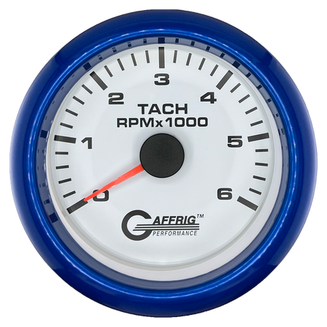 GAFFRIG 3 3/8 INCH TACHOMETER GAUGE 6000, 8000 & 10000 RPM WHITE 6000 / FAT RIM (338) / BLUE