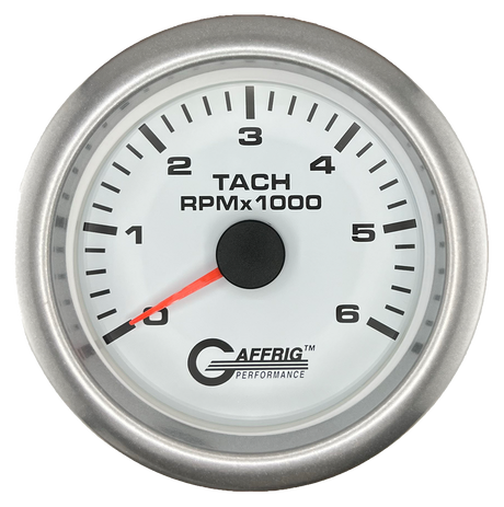 GAFFRIG 3 3/8 INCH TACHOMETER GAUGE 6000, 8000 & 10000 RPM WHITE 6000 / FAT RIM (338) / PLATINUM