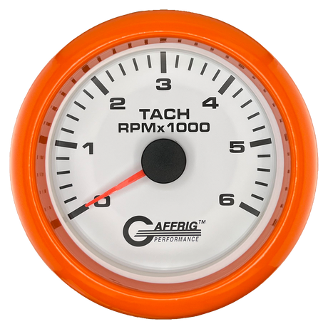 GAFFRIG 3 3/8 INCH TACHOMETER GAUGE 6000, 8000 & 10000 RPM WHITE 6000 / FAT RIM (338) / ORANGE