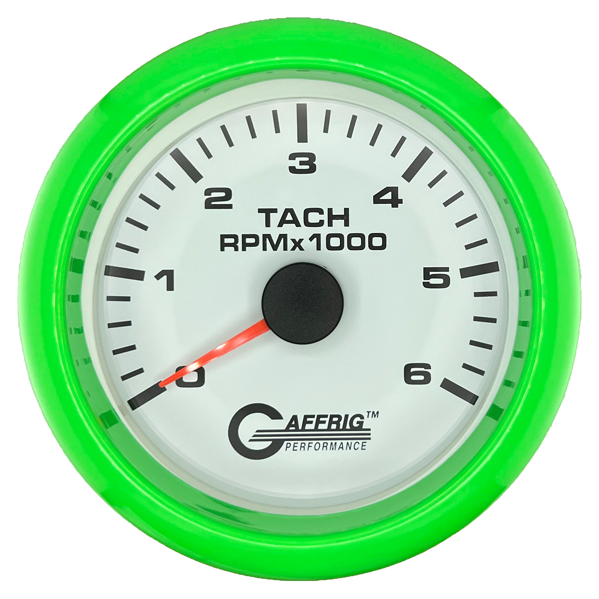 GAFFRIG 3 3/8 INCH TACHOMETER GAUGE 6000, 8000 & 10000 RPM WHITE 6000 / FAT RIM (338) / LIME GREEN