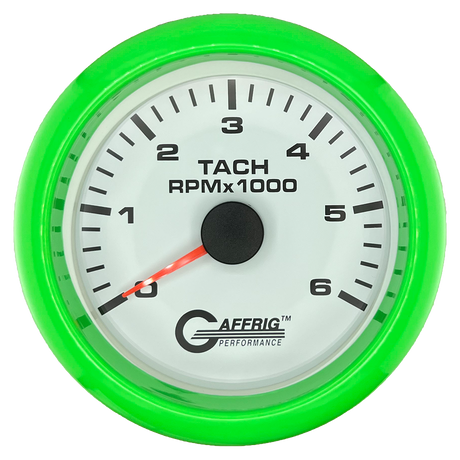 GAFFRIG 3 3/8 INCH TACHOMETER GAUGE 6000, 8000 & 10000 RPM WHITE 6000 / FAT RIM (338) / LIME GREEN