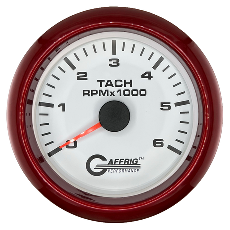 GAFFRIG 3 3/8 INCH TACHOMETER GAUGE 6000, 8000 & 10000 RPM WHITE 6000 / FAT RIM (338) / RED