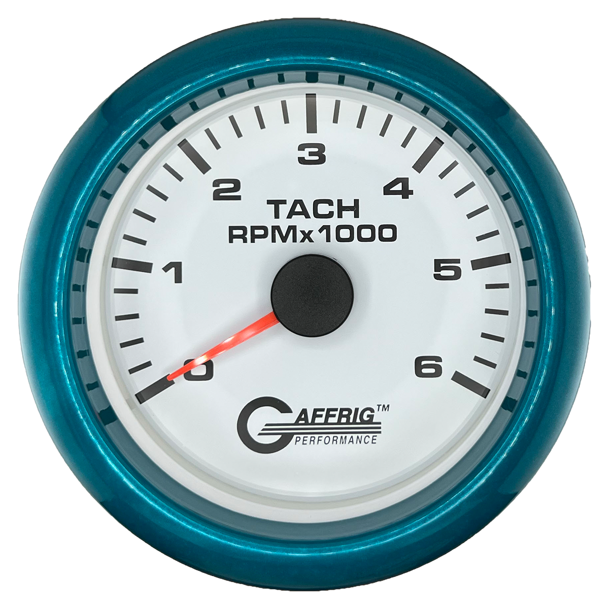 GAFFRIG 3 3/8 INCH TACHOMETER GAUGE 6000, 8000 & 10000 RPM WHITE 6000 / FAT RIM (338) / TEAL