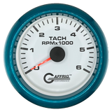 GAFFRIG 3 3/8 INCH TACHOMETER GAUGE 6000, 8000 & 10000 RPM WHITE 6000 / FAT RIM (338) / TEAL