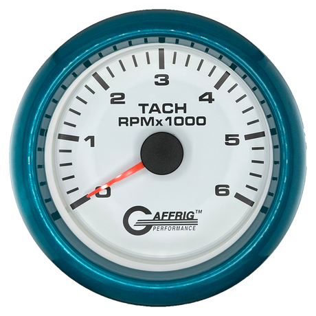 GAFFRIG 3 3/8 INCH TACHOMETER GAUGE 6000, 8000 & 10000 RPM WHITE 6000 / FAT RIM (338) / TEAL