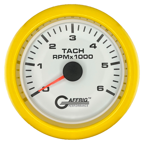 GAFFRIG 3 3/8 INCH TACHOMETER GAUGE 6000, 8000 & 10000 RPM WHITE 6000 / FAT RIM (338) / YELLOW