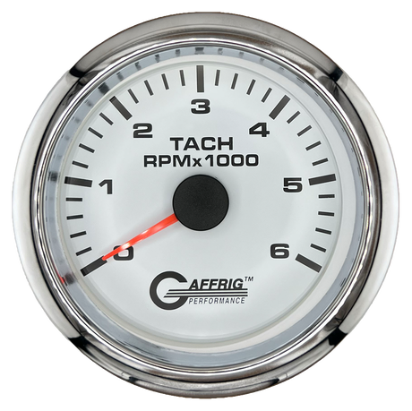 GAFFRIG 3 3/8 INCH TACHOMETER GAUGE 6000, 8000 & 10000 RPM WHITE 6000 / FAT RIM (338) / CHROME/POLISHED