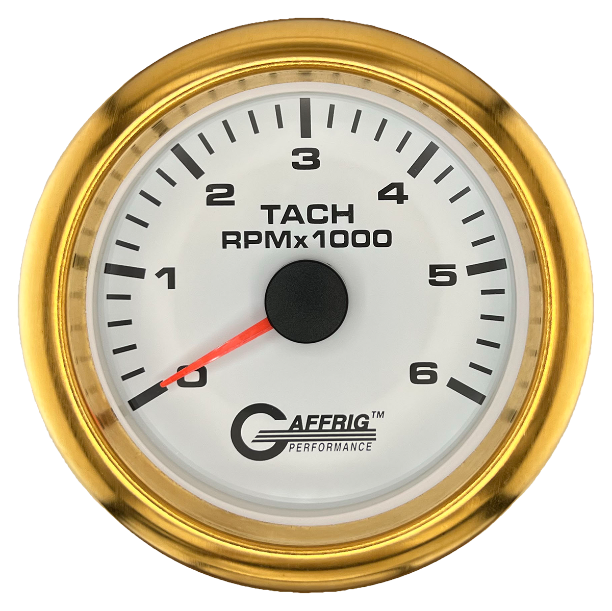 GAFFRIG 3 3/8 INCH TACHOMETER GAUGE 6000, 8000 & 10000 RPM WHITE 6000 / FAT RIM (338) / GOLD