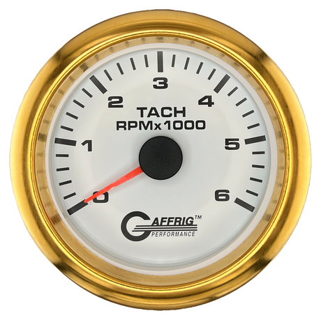 GAFFRIG 3 3/8 INCH TACHOMETER GAUGE 6000, 8000 & 10000 RPM WHITE 6000 / FAT RIM (338) / GOLD