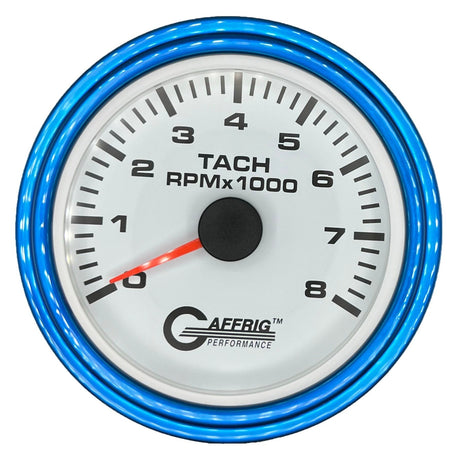 GAFFRIG 3 3/8 INCH TACHOMETER GAUGE 6000, 8000 & 10000 RPM WHITE 8000 / STEP RIM (008) / BLUE